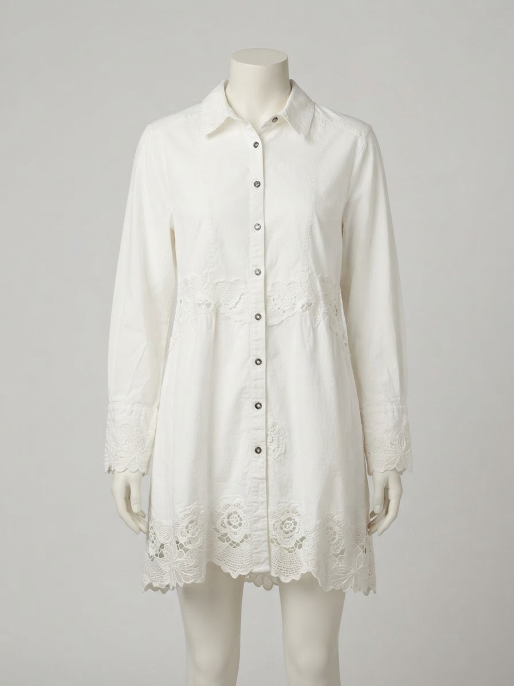Free People White Lace-Trim Button-Down Dress Size L